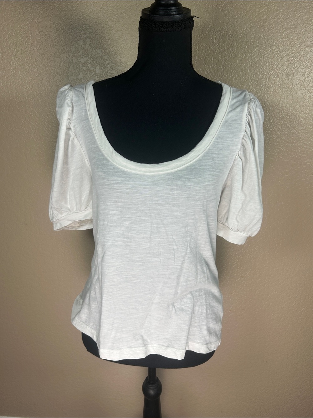 Anthropologie White Puff Sleeve Scoop Neck Top Women’s Large